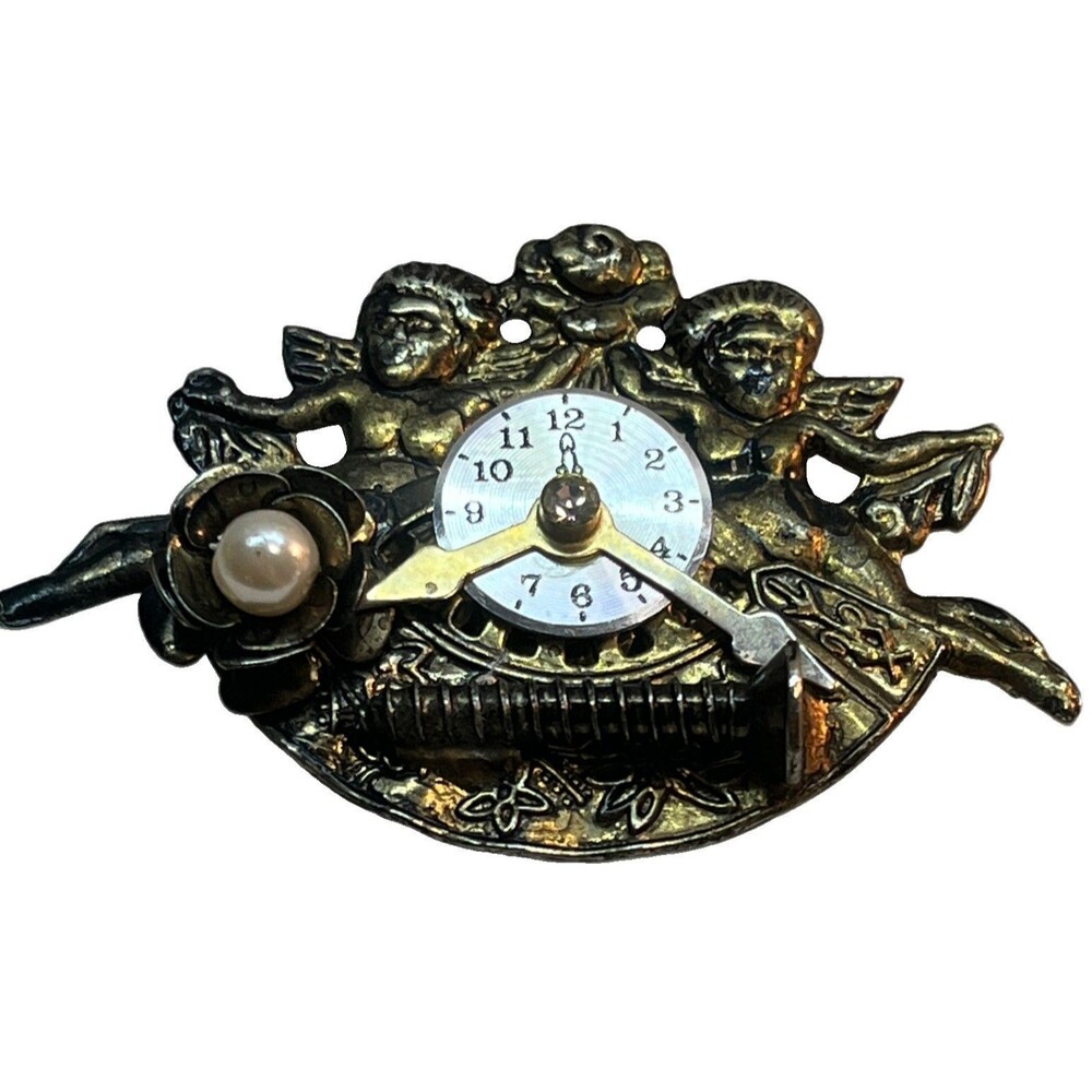Vintage Steampunk Brooch Pin Cherubs Whimsigoth Clock Victorian Cupid Gothic Odd